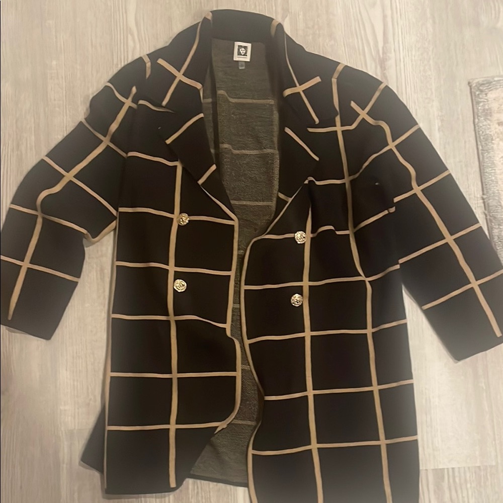Navy Blue and Tan Checkered Sweater Coat